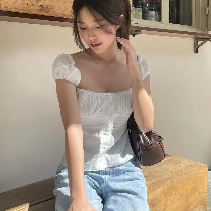 Ins Sweet Cool Square Collar Breasted Cardigan T-shirt Top For Women