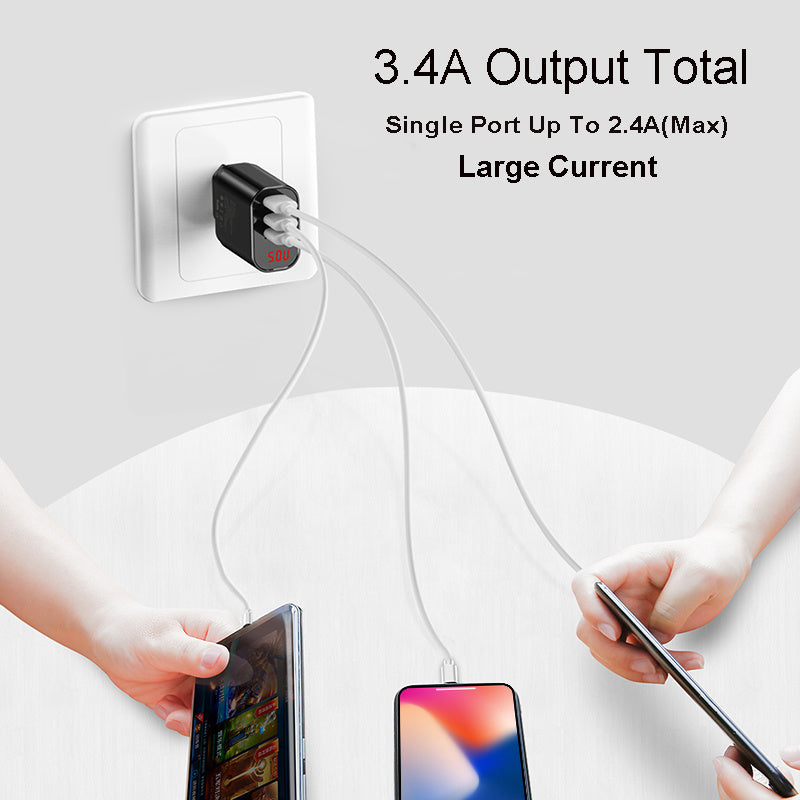 Mirror Lake Travel Charger 3USB Smart Digital Display 3.4A Universal Travel Charger For Mobile Phone