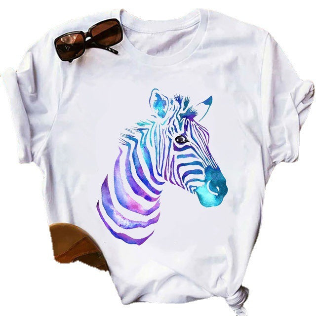 Women's Printed Short Sleeve Polyester Loose Tee