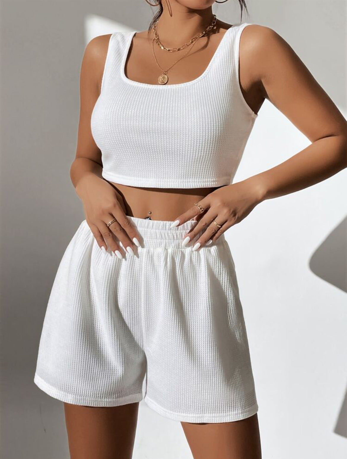 Women's Knitted Cotton Sleeveless Homewear Set Solid Pattern