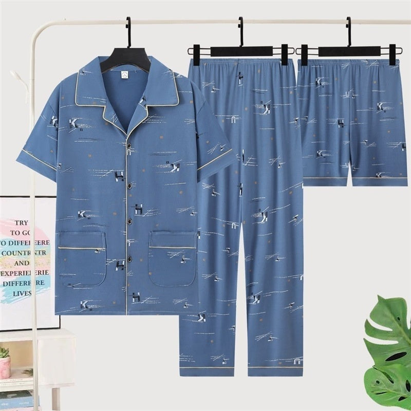 Three-piece Pajamas Men's Summer Pure Cotton Short Sleeve Trousers Suit