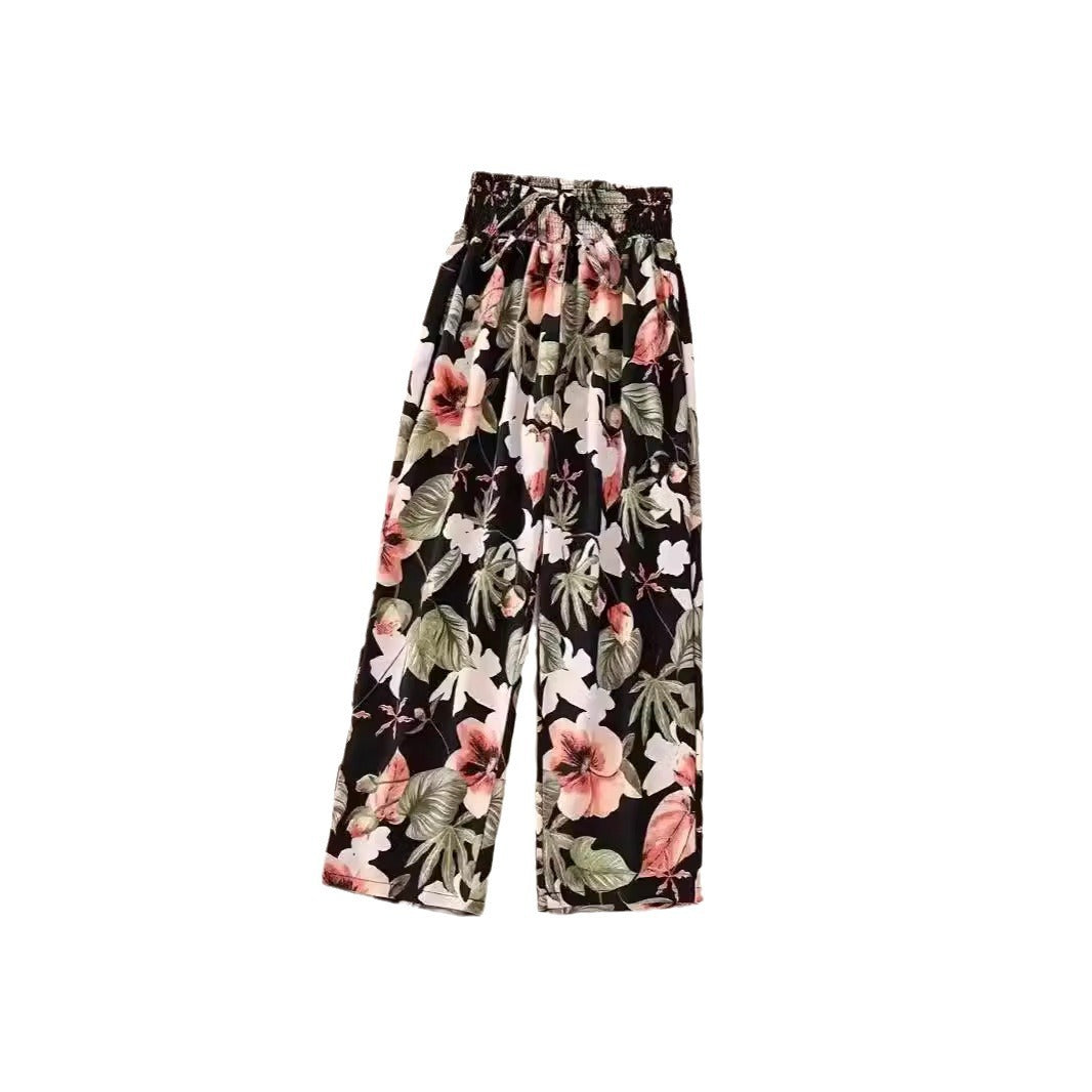 Floral Lace-Up Wide Leg Pants – Women’s Vacation Style Elastic Waist Trousers