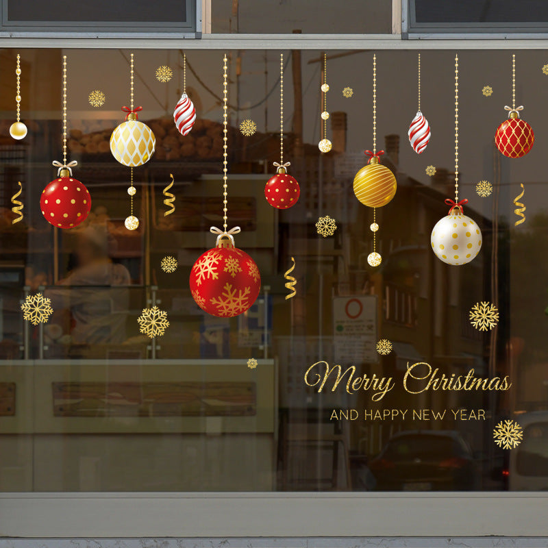 Window Golden Christmas Ornaments With Colored Balls Stickers