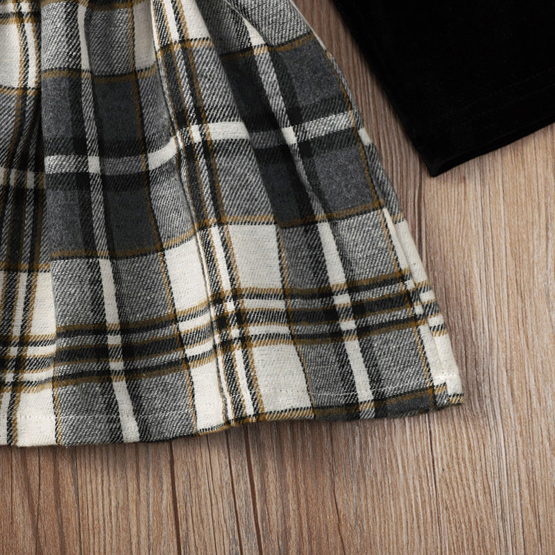 Cute Solid Color Black Long-sleeved Plaid Short Skirt Baby Dress