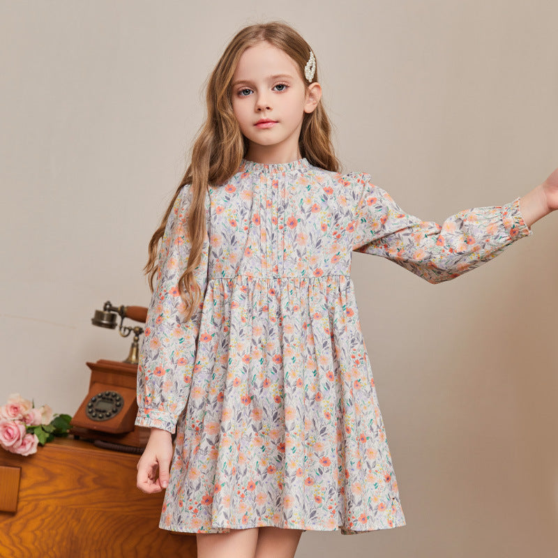Girls' Cotton Floral Dress Pastoral Style Puff Sleeve