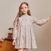Girls Cotton Floral Dress Pastoral Style Puff Sleeve