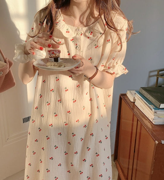 Cute Little Cherry Casual Loungewear Dress Doll Collar Nightdress