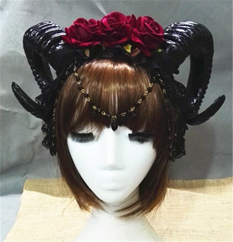 Three Roses Headband Halloween Vampire Demonsheep Horn Veil Hair Accessories