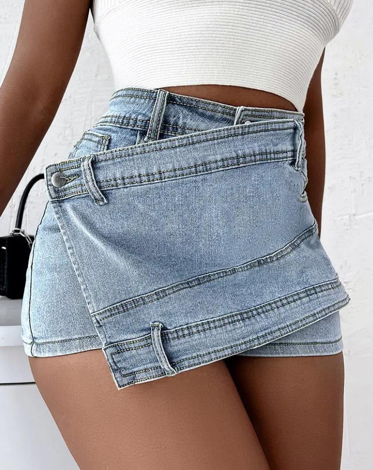 Y2K Street Vintage Denim Shorts – Overlap Waist, Asymmetrical Hem A-Line Skinny Skort