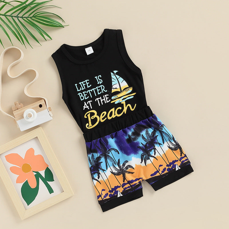 Boys Summer Seaside Vacation Style Coconut Tree Beach Suit