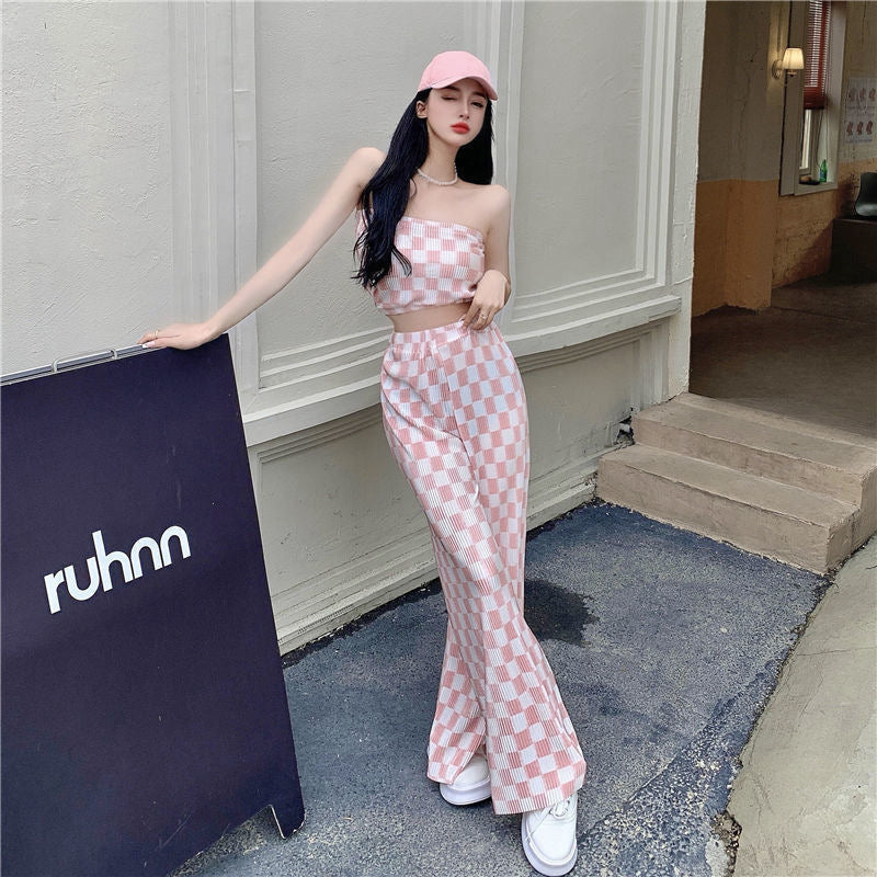 Top Plaid Pleated Wide Leg Pants