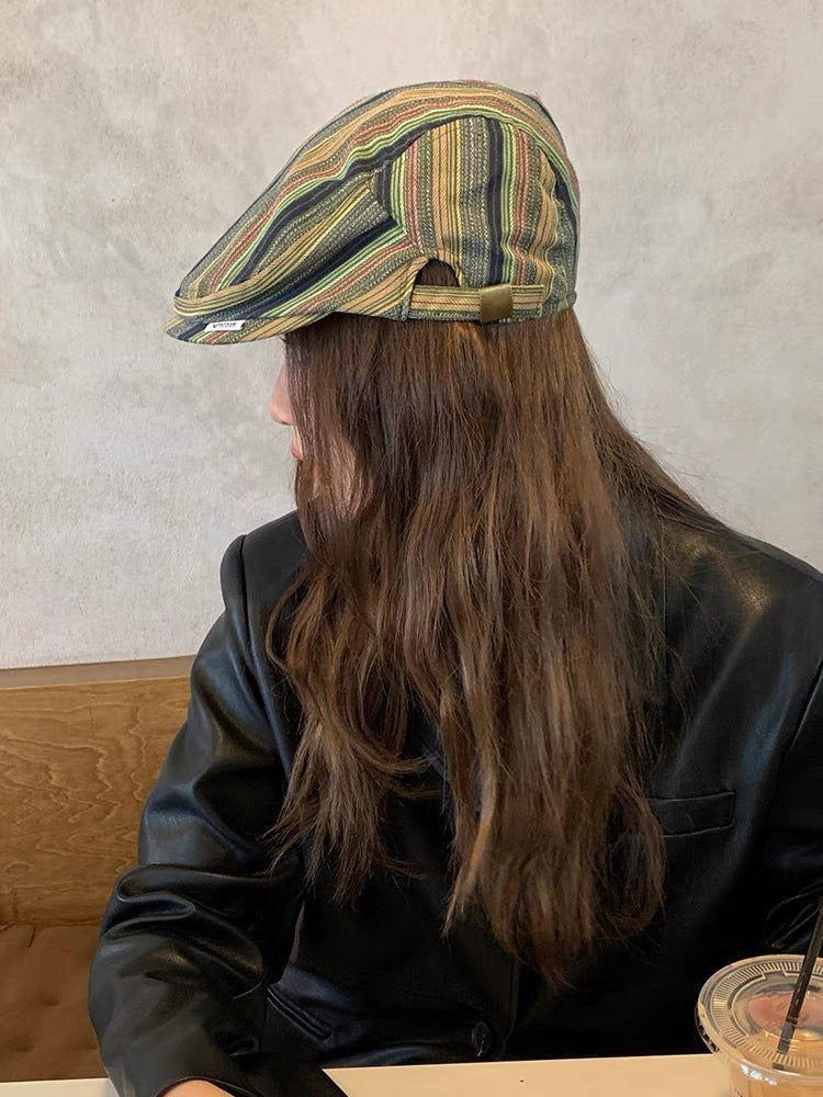 Japanese-style Retro Beret Women's All-matching Striped Plaid Makes Face Look Smaller