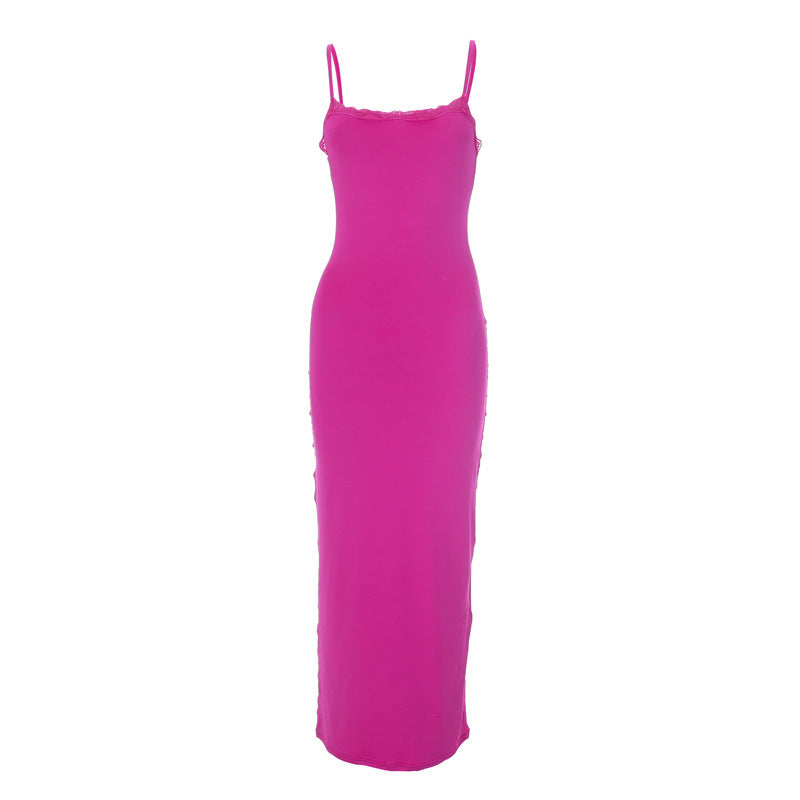 Women's Summer New Solid Color Casual Lace Backless Strap Slim Long Dress