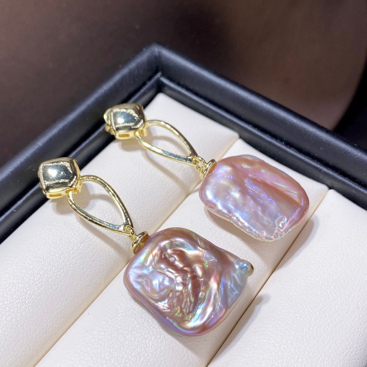 Colorful French Retro Natural Square Baroque Shaped Pearl Stud Earrings