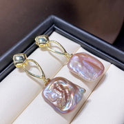Colorful French Retro Natural Square Baroque Shaped Pearl Stud Earrings
