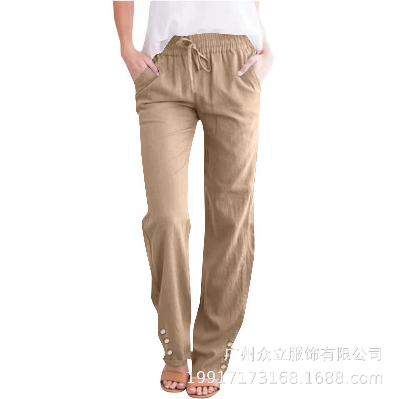 Women’s Cotton-Linen Casual Straight-Leg Pants with Straps