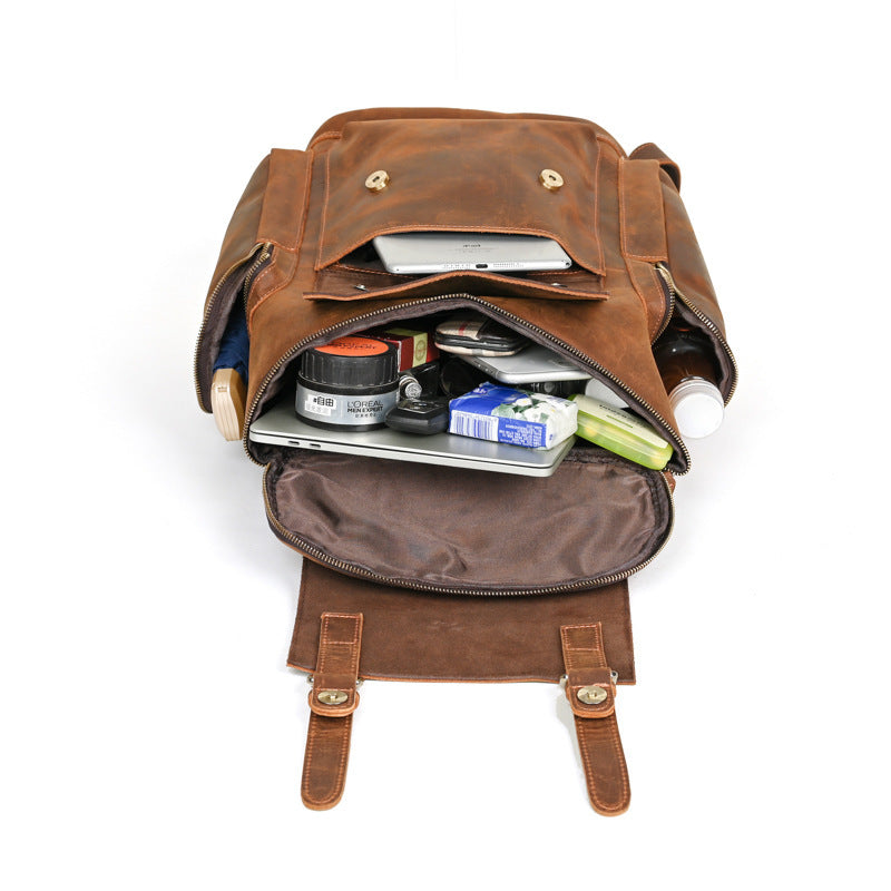 Mens Crazy Horse Leather Backpack Solid Color Cowhide Bag