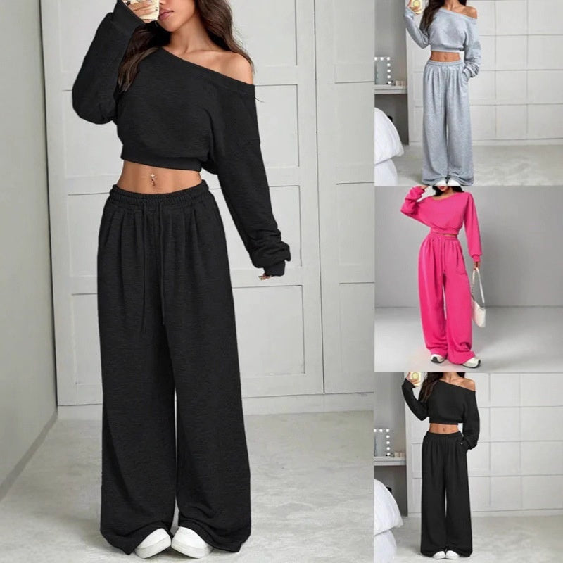 Women Slim Fit Off Shoulder Knit Solid Color Pants Suit
