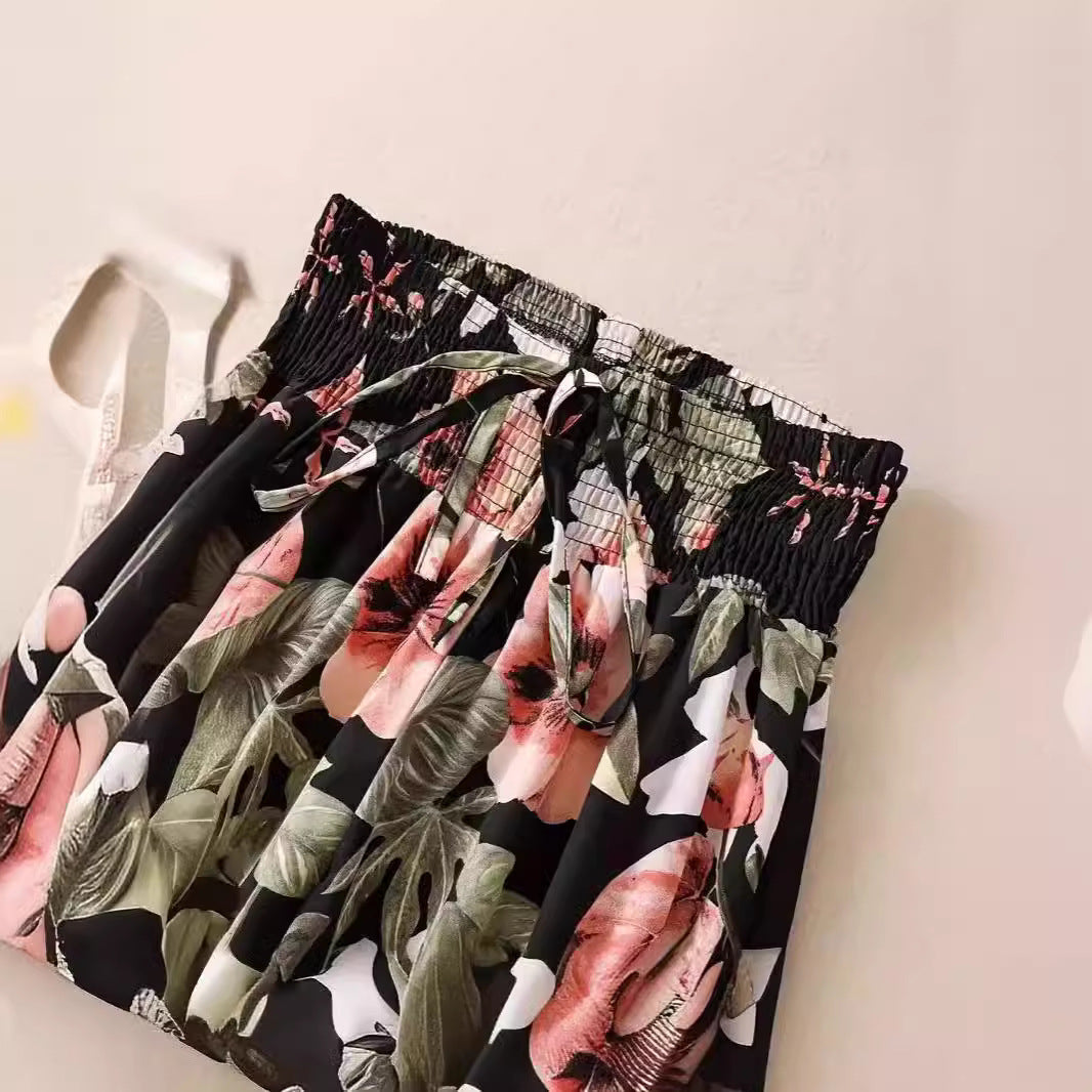Floral Lace-Up Wide Leg Pants – Women’s Vacation Style Elastic Waist Trousers