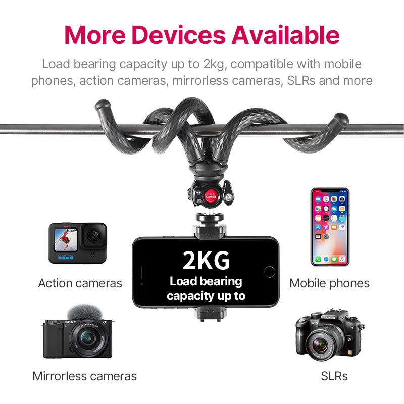 Black Octopus FT-01 Mobile Tripod – Flexible Octopus Gimbal Stand with Phone Clip, 360mm Portable Photography Holder