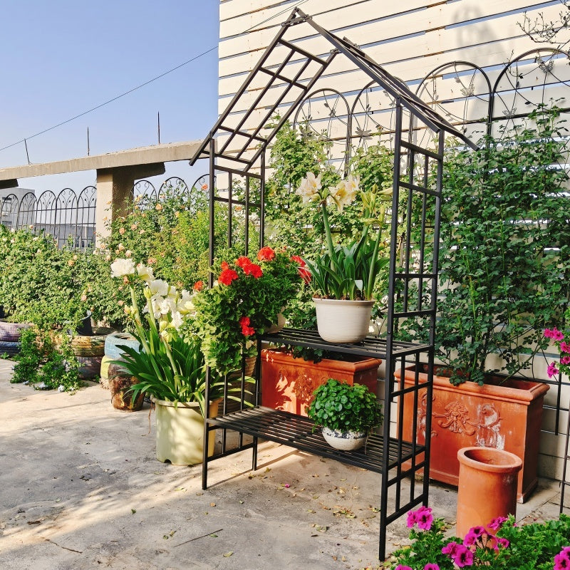 Metal Garden Arch with Convertible Benches – Outdoor Rose Arch with Climbing Plant Support, Black