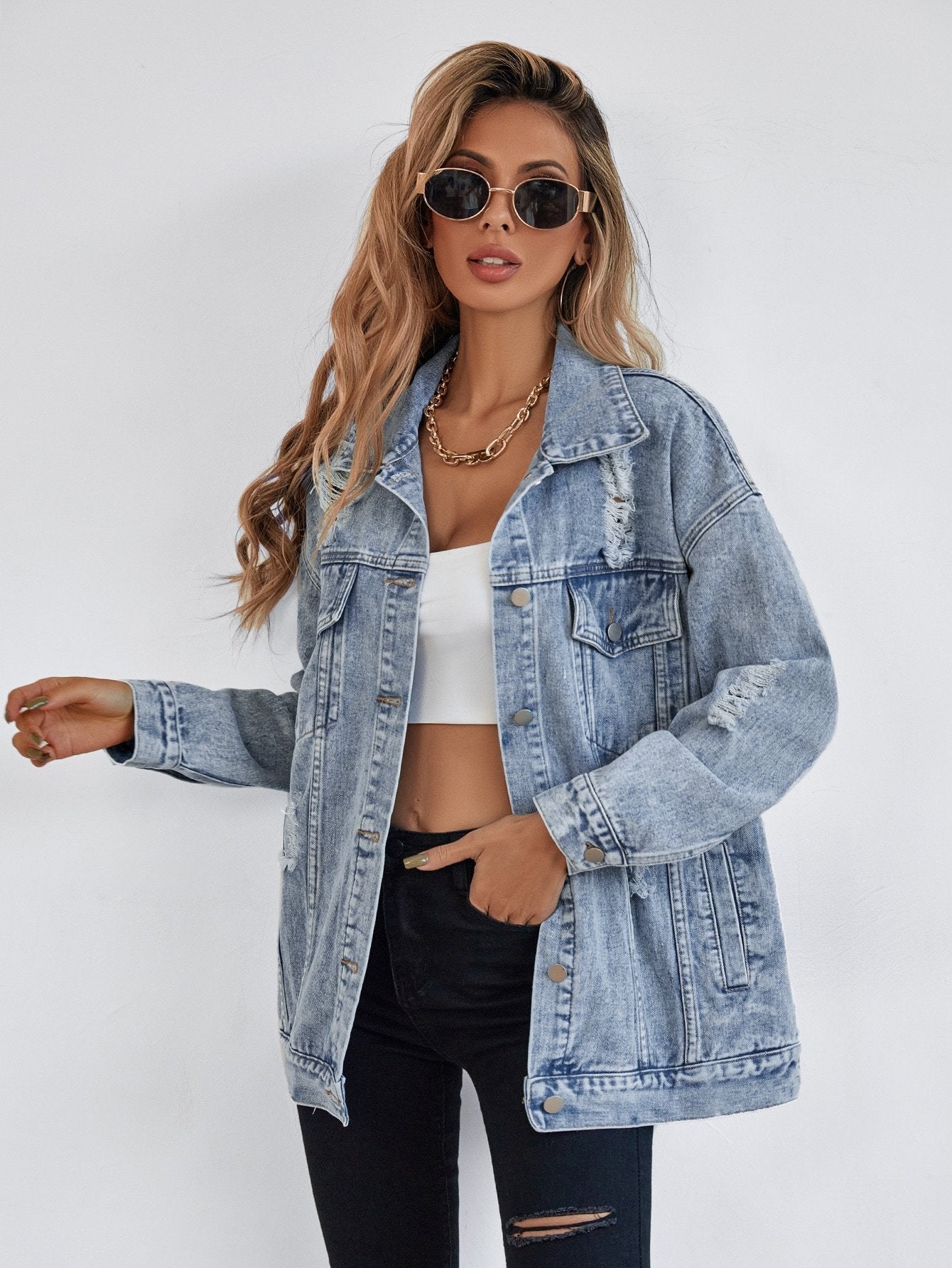 Unisex Drop Shoulder Denim Jacket Front Flap Pocket