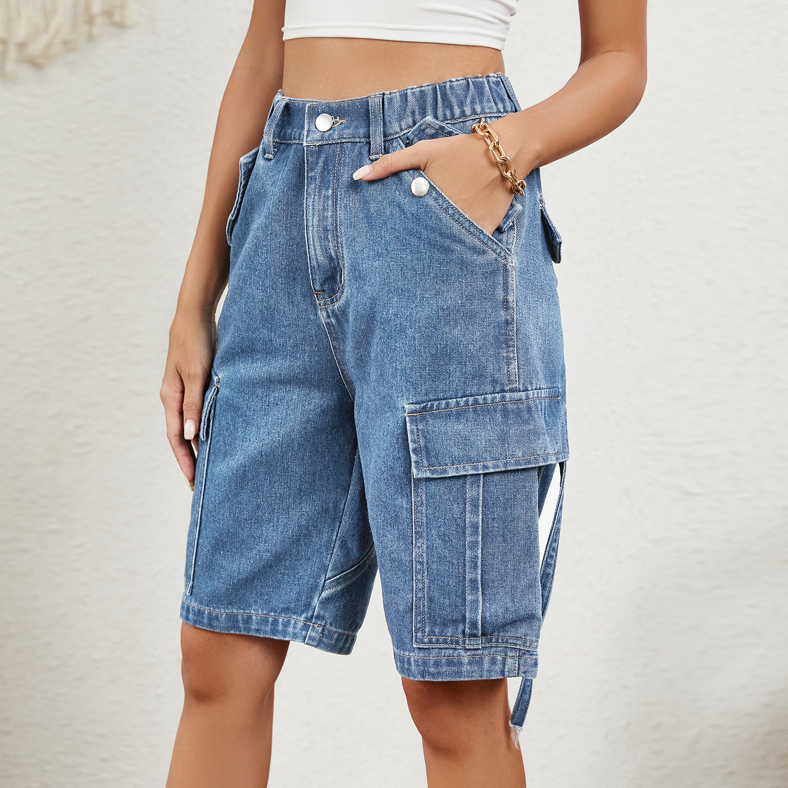 Distressed Denim Cargo Shorts – Mid Waist Straight Leg Street Style Overalls for Women