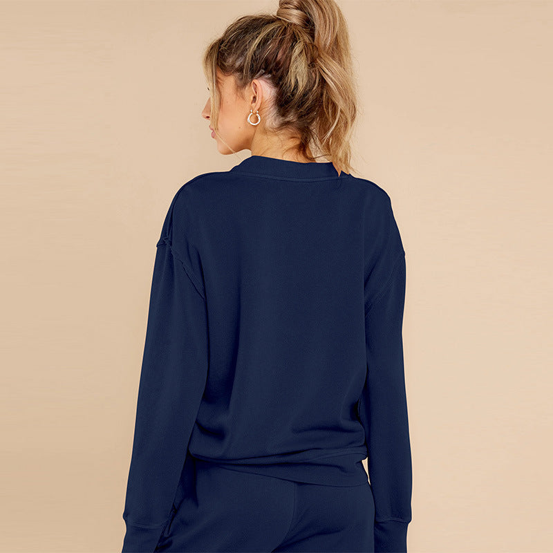 Unisex V Neck Loose Polyester Lounge Suit Solid Color