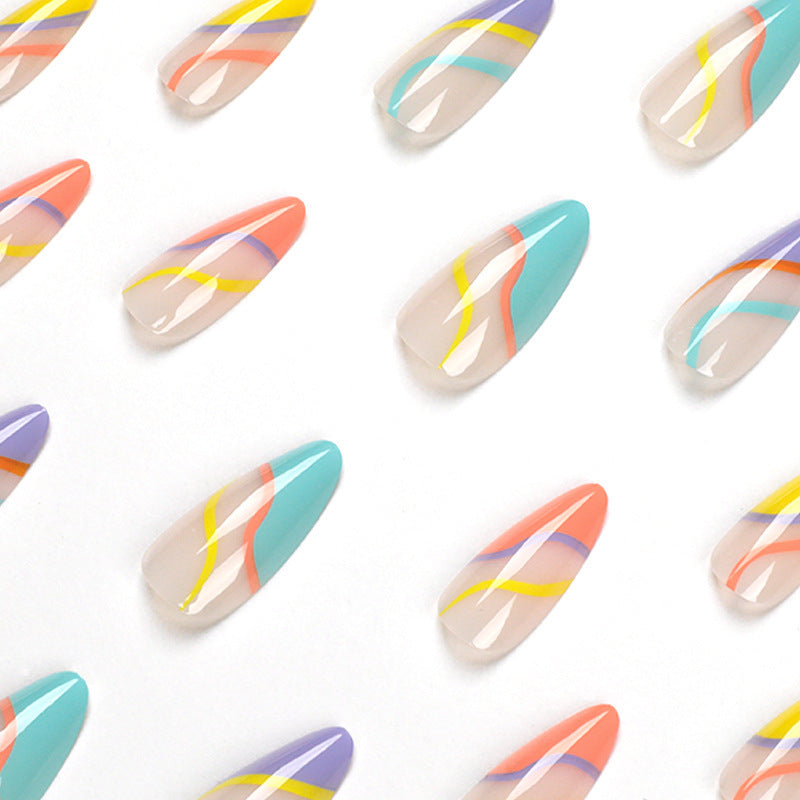 Nail Tips Wearable Nail French Rainbow Line Patch Nail Polish Wearable Nail Sticker Finished Product Detachable Nail Nail