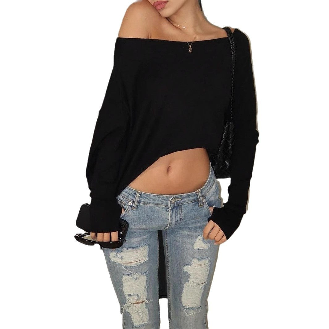 European And American Style Women Shoulder Long Sleeve T-shirt New Midriff-baring Top