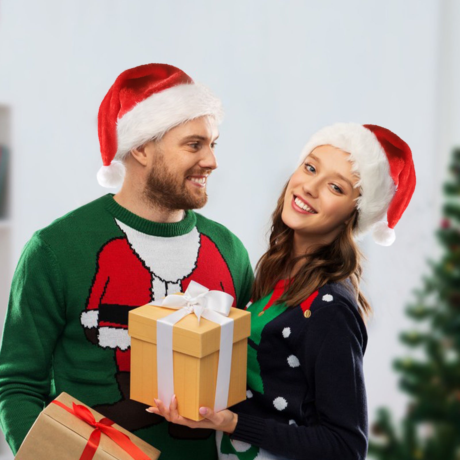 LED Light Up Plush Santa Hat for Kids and Adults Christmas Decoration