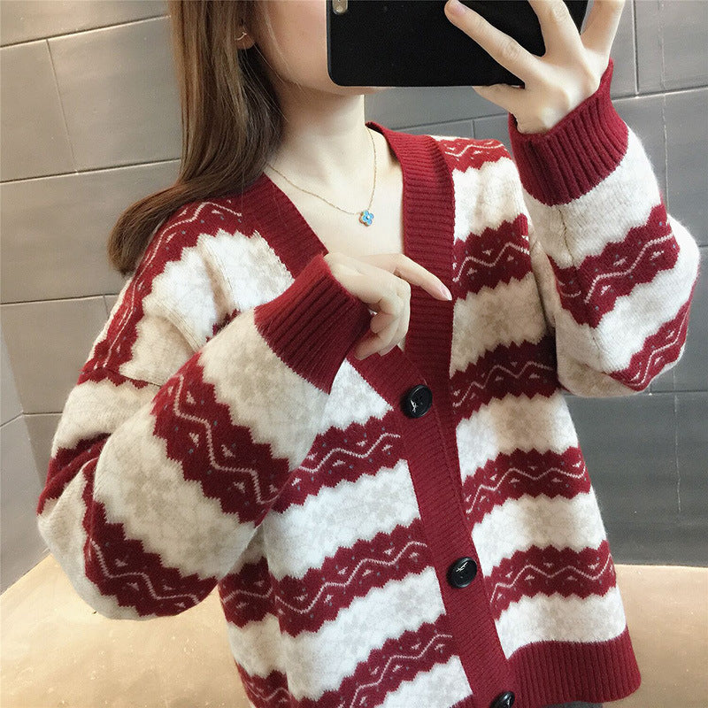 Loose And Lazy Striped Sweater Jacket