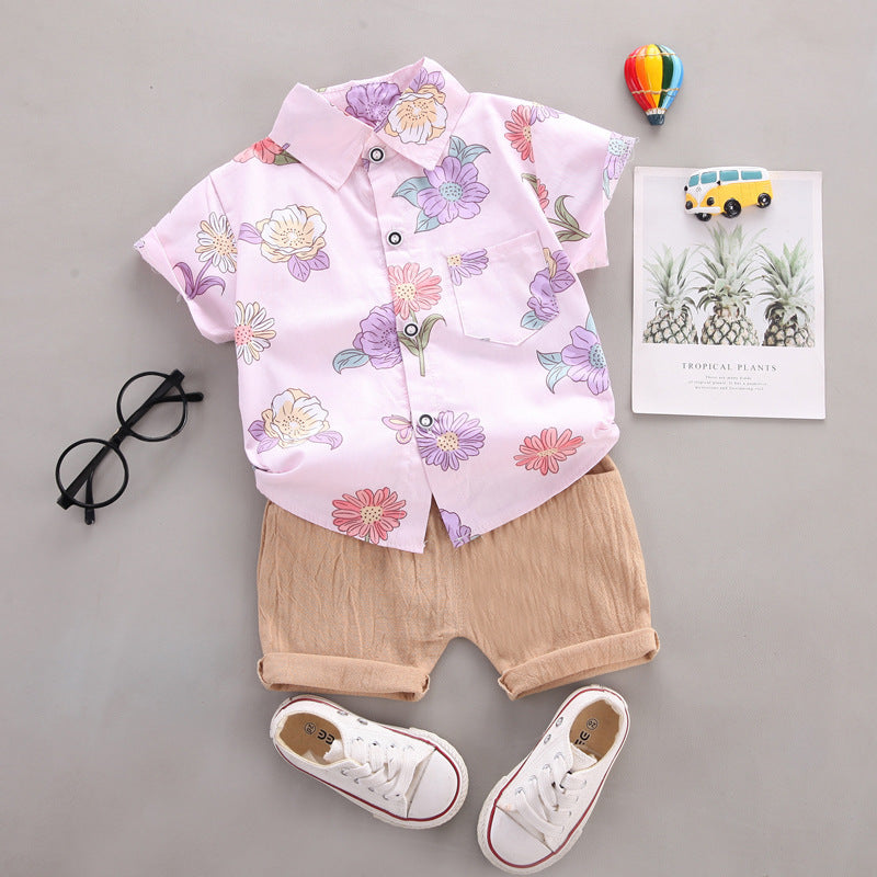 Summer Korean Style Flower Lapel Shirt Two-piece Set