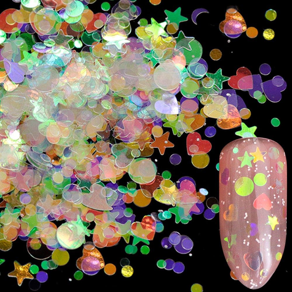 1 box Holographic Nail Glitter Mix Star Round