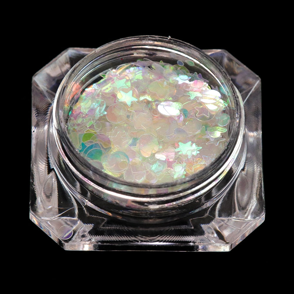 1 box Holographic Nail Glitter Mix Star Round