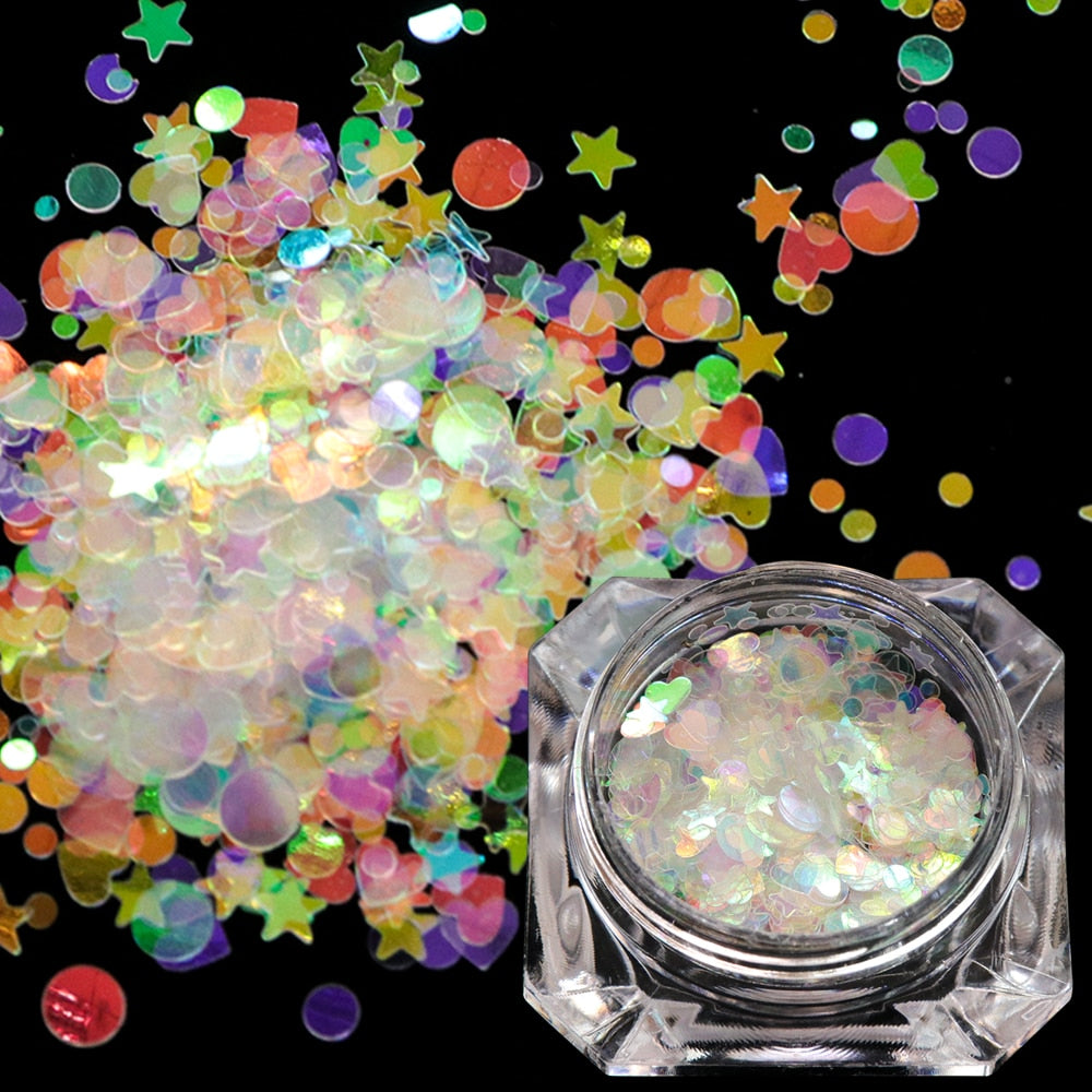 1 box Holographic Nail Glitter Mix Star Round