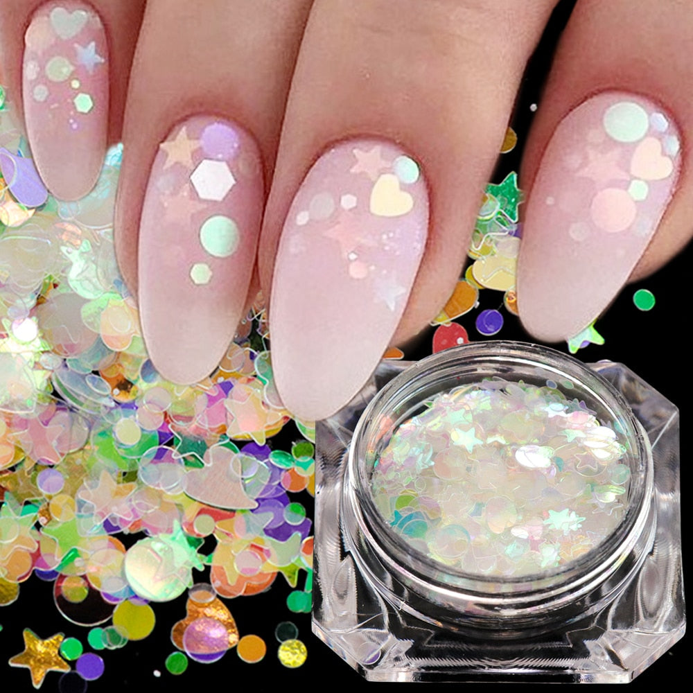 1 box Holographic Nail Glitter Mix Star Round