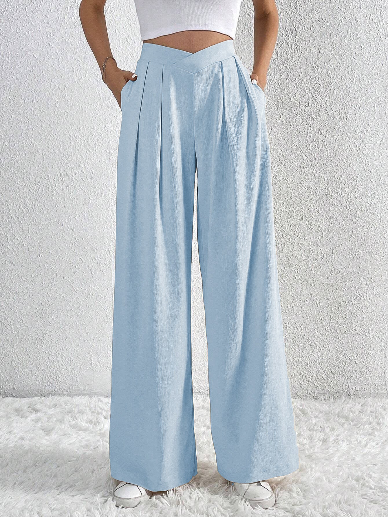 Women’s Pleated Wide-Leg Pants – Solid Color High-Waist Loose Casual Commuting Trousers