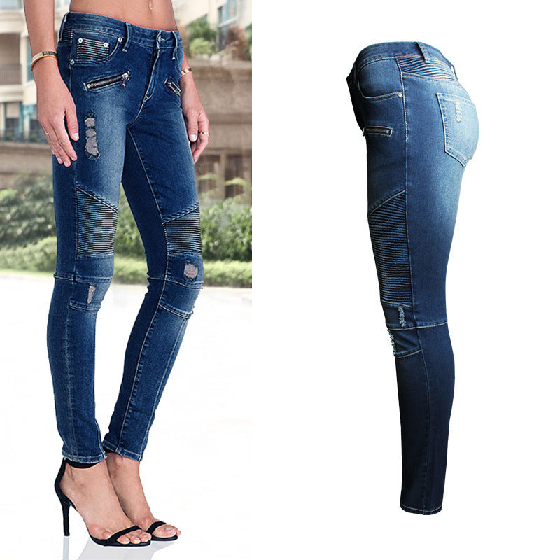 Women's Motorcycle Biker Jeans – Mid to High Waist Stretch Skinny Denim Pants with Zipper