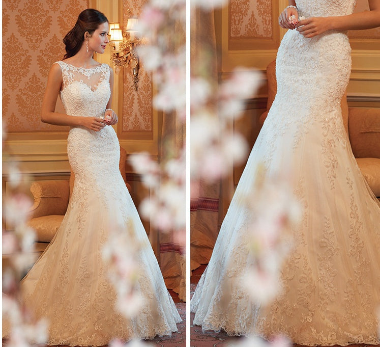 Sleeveless White Lace Fishtail Wedding Evening Dress