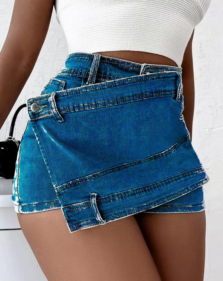 Y2K Street Vintage Denim Shorts – Overlap Waist, Asymmetrical Hem A-Line Skinny Skort
