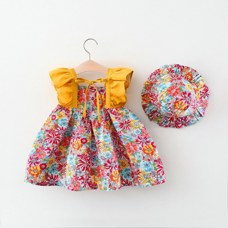 Summer Baby Girl Flower Dress Hat Suit