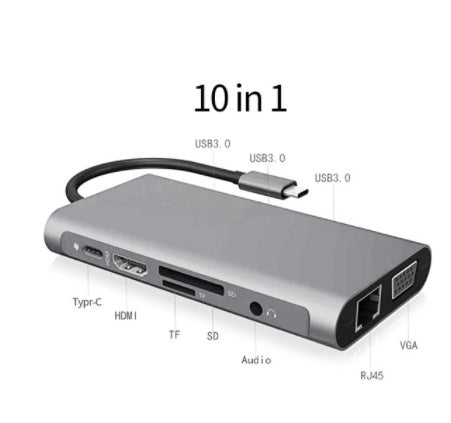 10-in-1 USB-C Hub with HDMI – 4K Display, Gigabit Ethernet, 3×USB, SD/MicroSD, 100W PD