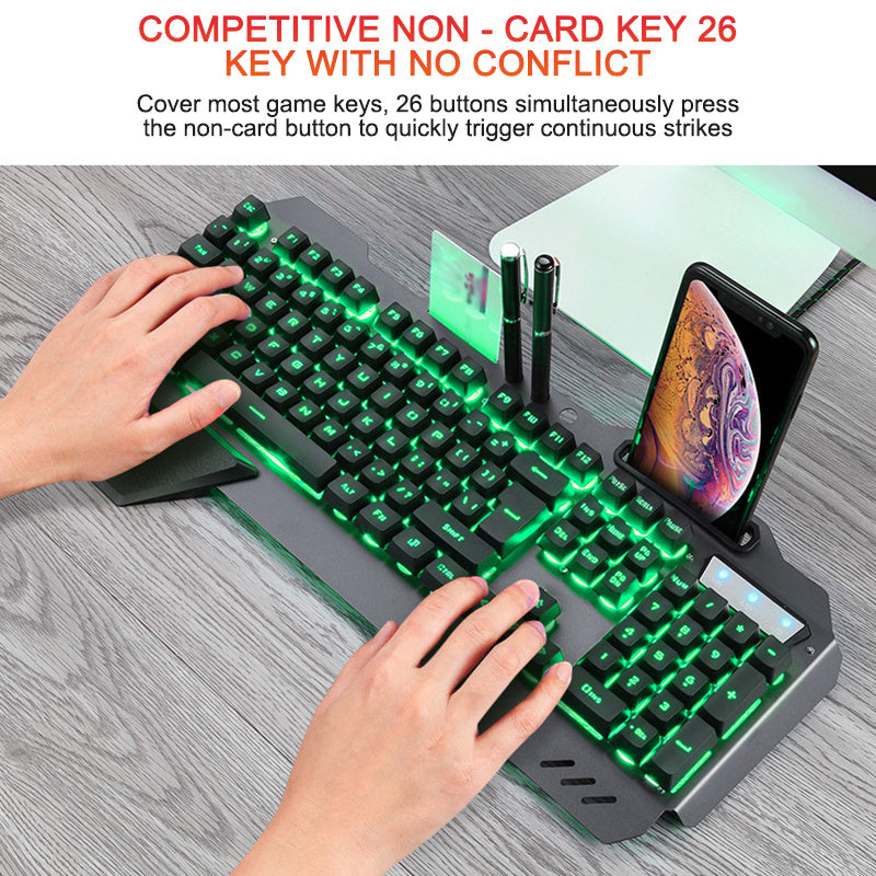 Ergonomic Wired Gaming Keyboard with RGB Backlight & Phone Holder – Full-Size, Anti-Ghosting