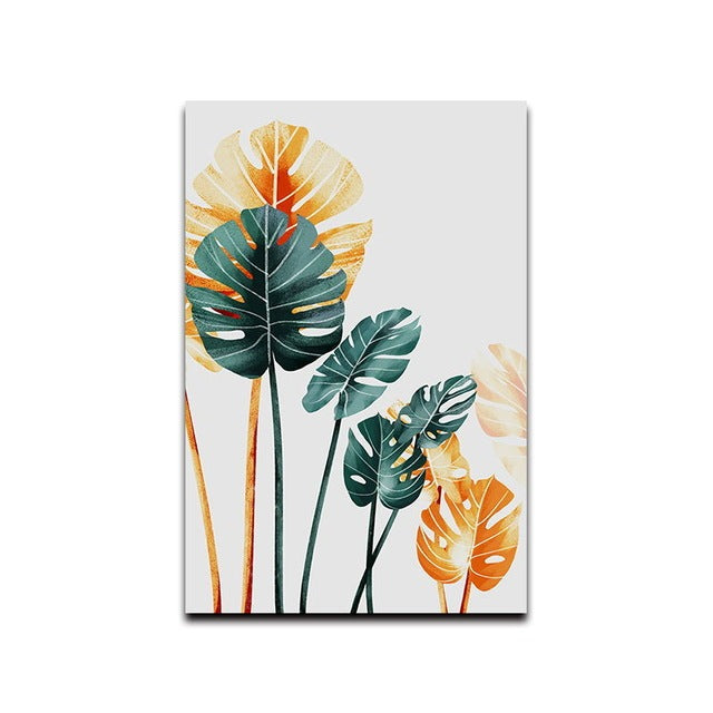 Tropical Plant Wall Art – Simple Green & Gold Leaf Oil Painting Canvas Decor