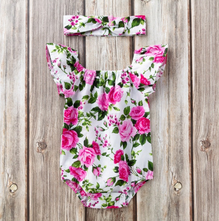 Cotton Baby Romper – Printed Infant Bodysuit with Small Flying Sleeves