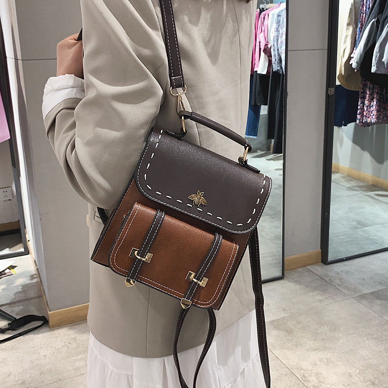 Women's Vintage PU Leather Patchwork Backpack Preppy Style