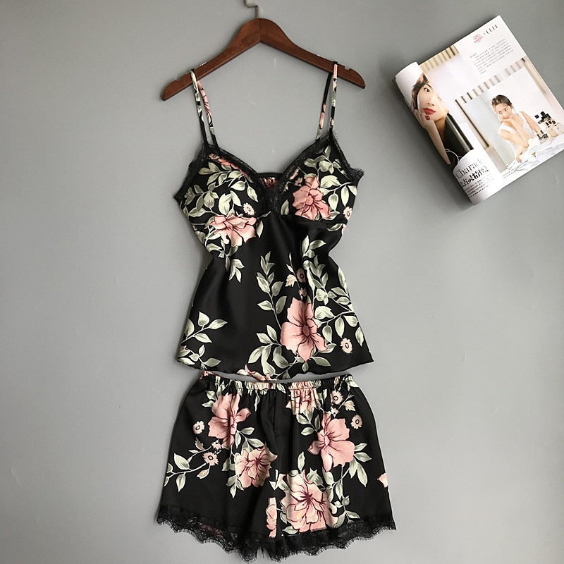 Two-Piece Silk Pajamas Set – Printed Satin Sleepwear for Women