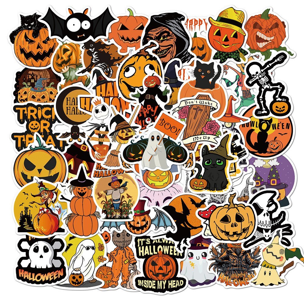 50PCS Halloween Waterproof Stickers – Spooky Vinyl Decals for Laptops, Bottles, and Party Decorations