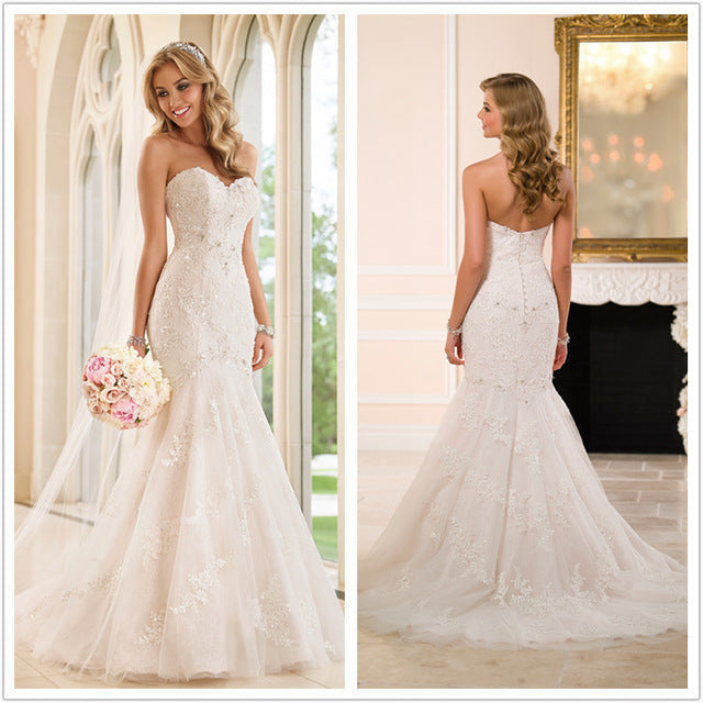 Elegant Trailing Tube Top Lace Wedding Dress with Long Skirt